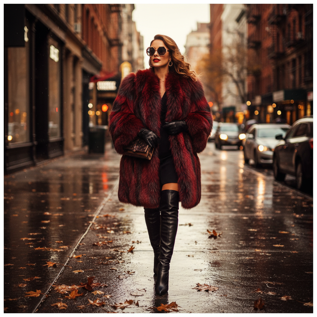 Glamorous woman wearing Women's Faux Fox Fur Coat on an autumn city street