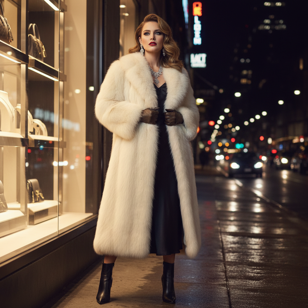 Glamorous woman in faux fox fur coat standing in front of boutique shop windows at night with city lights