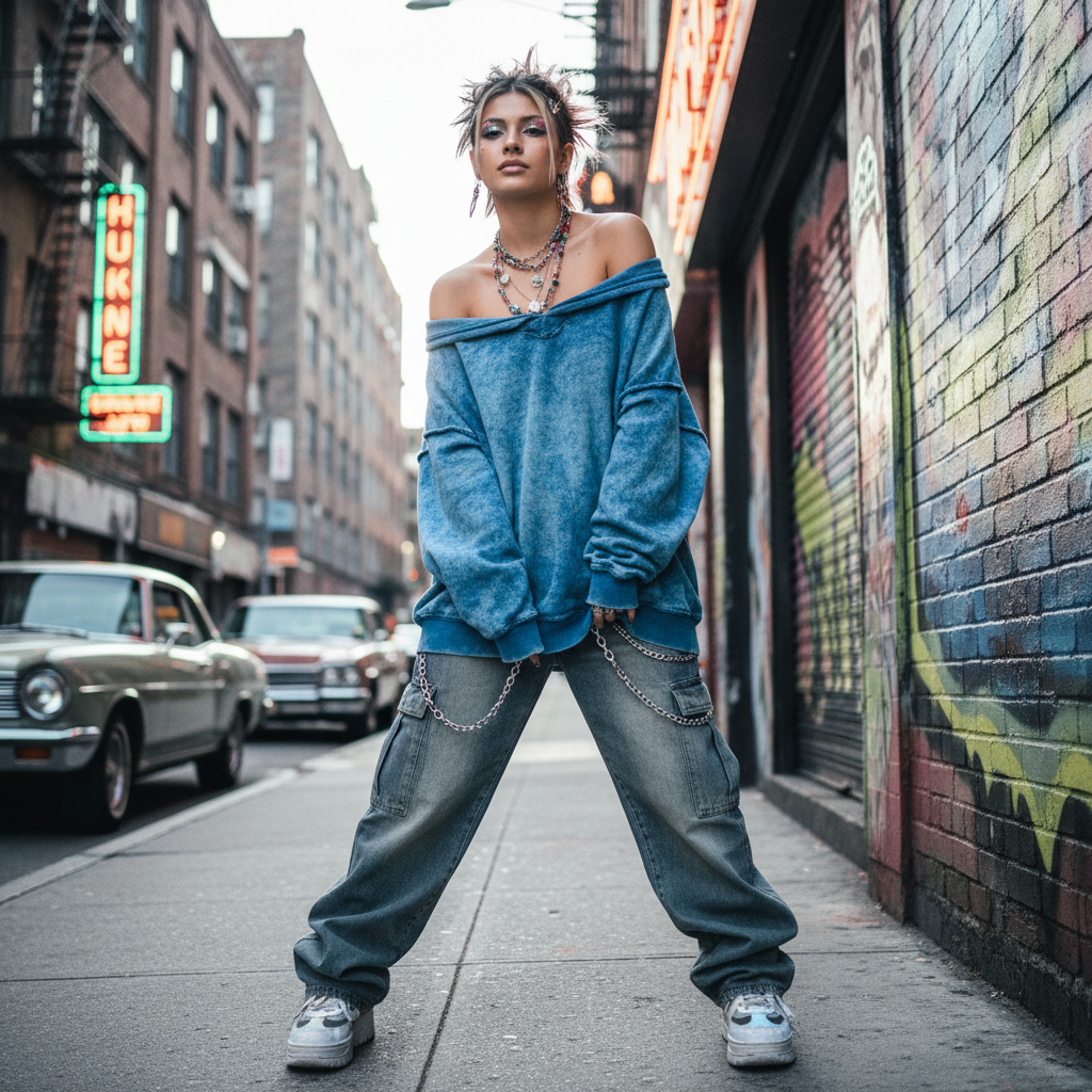 Trendy woman wearing Chic Oversized Fleece Hoodie in urban Y2K street style